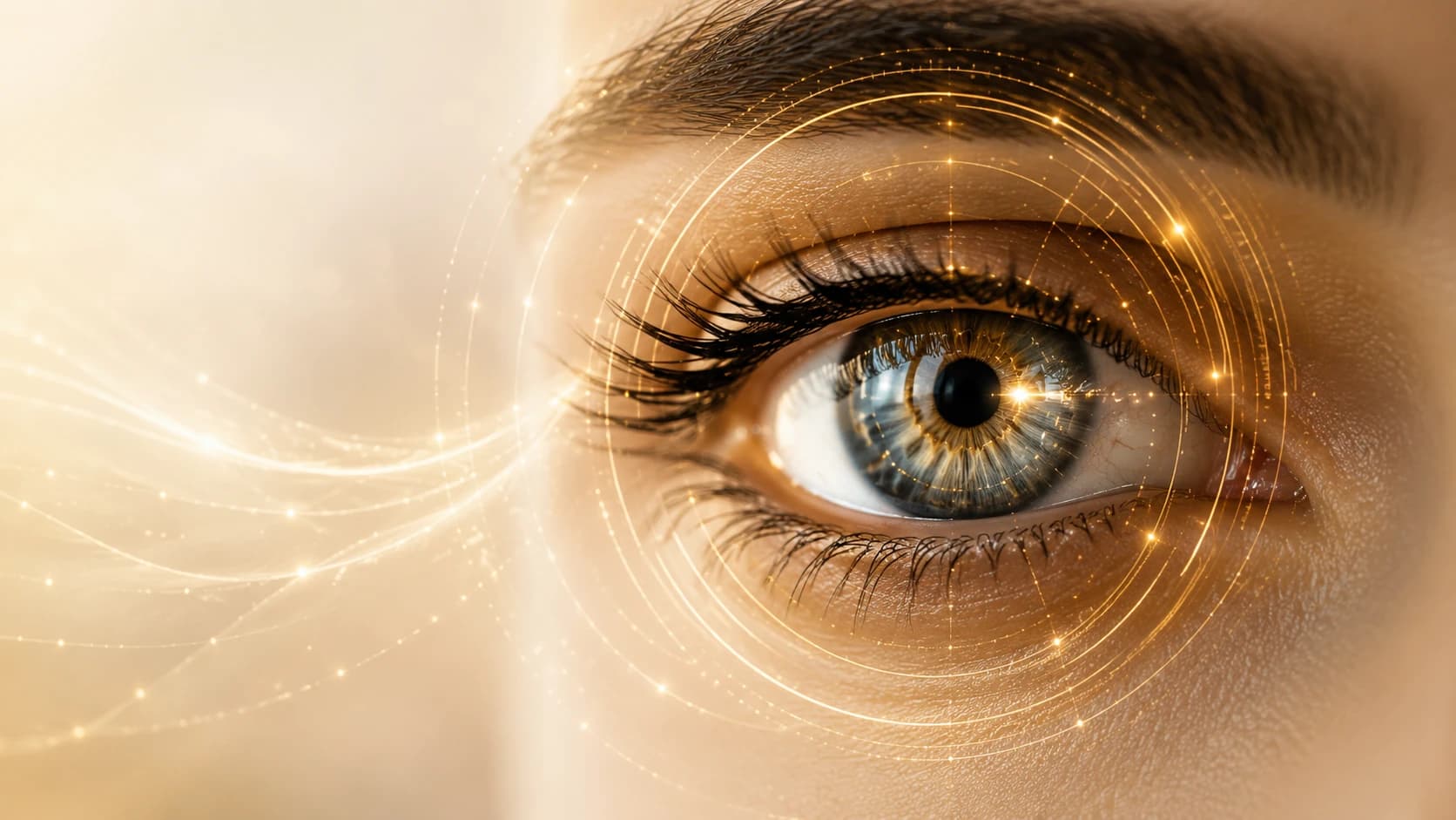 Olho humano com anéis de luz dourada — visão aumentada