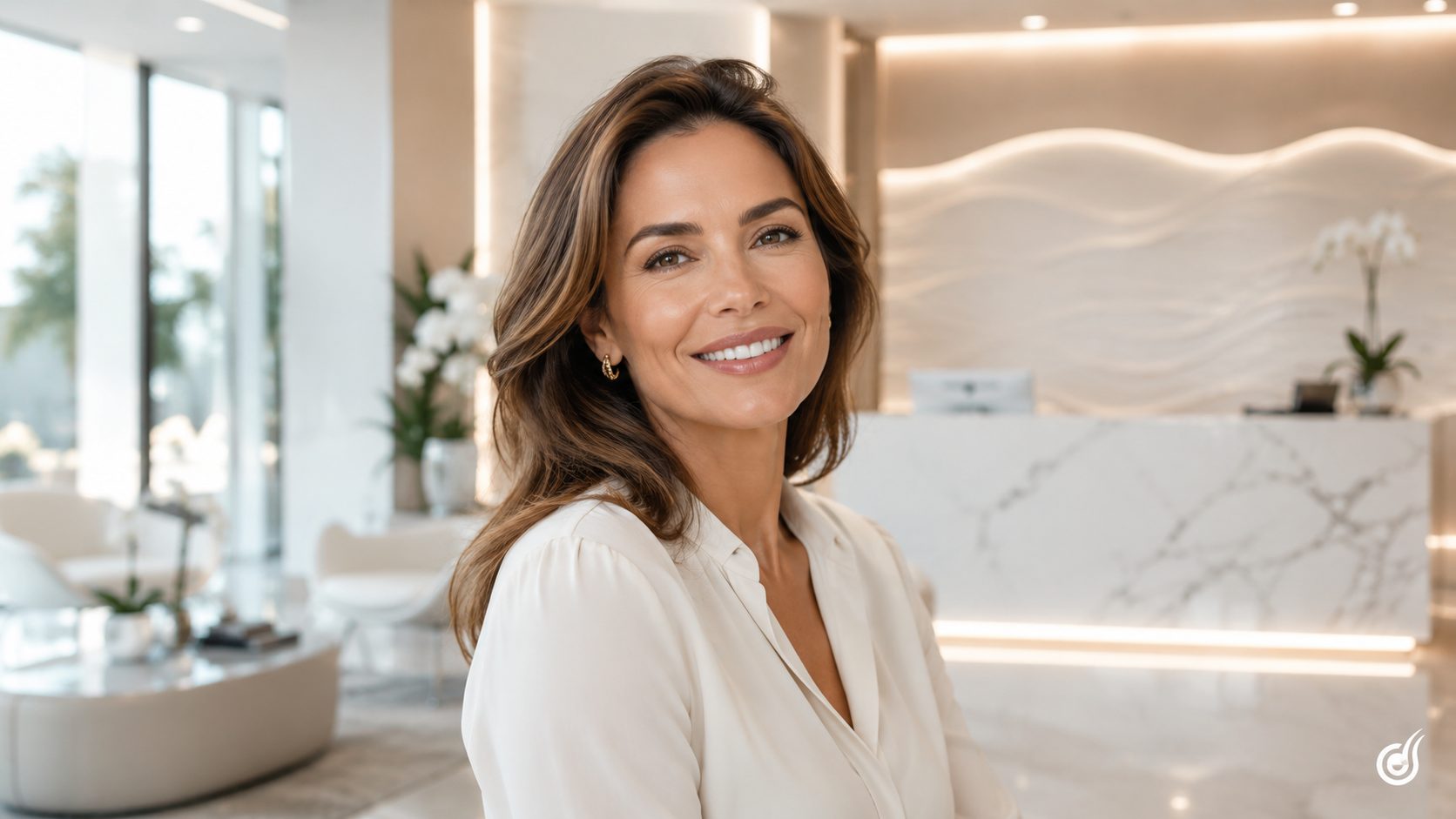 Recepção de clínica premium, ambiente elegante e iluminado.