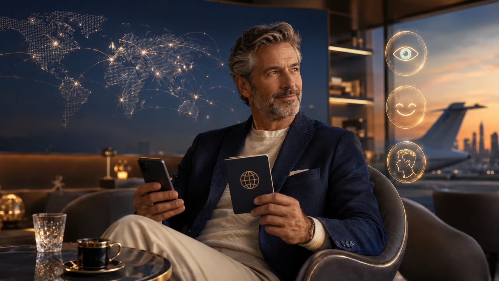 Homem elegante de meia-idade em lounge premium de aeroporto, segurando um passaporte e um smartphone, com um mapa-múndi luminoso conectando países ao fundo e ícones dourados de olhos, sorriso e cabelo.