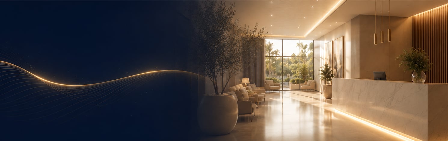 Recepção de clínica premium — mármore claro, madeira e luz dourada de fim de tarde.