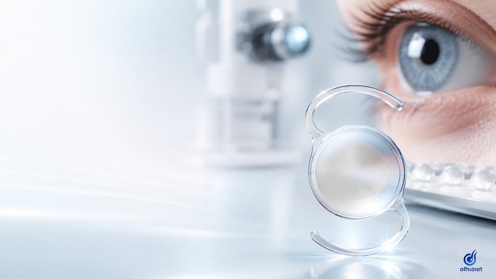Lente intraocular em destaque com olho ao fundo, conceito de tecnologia óptica.