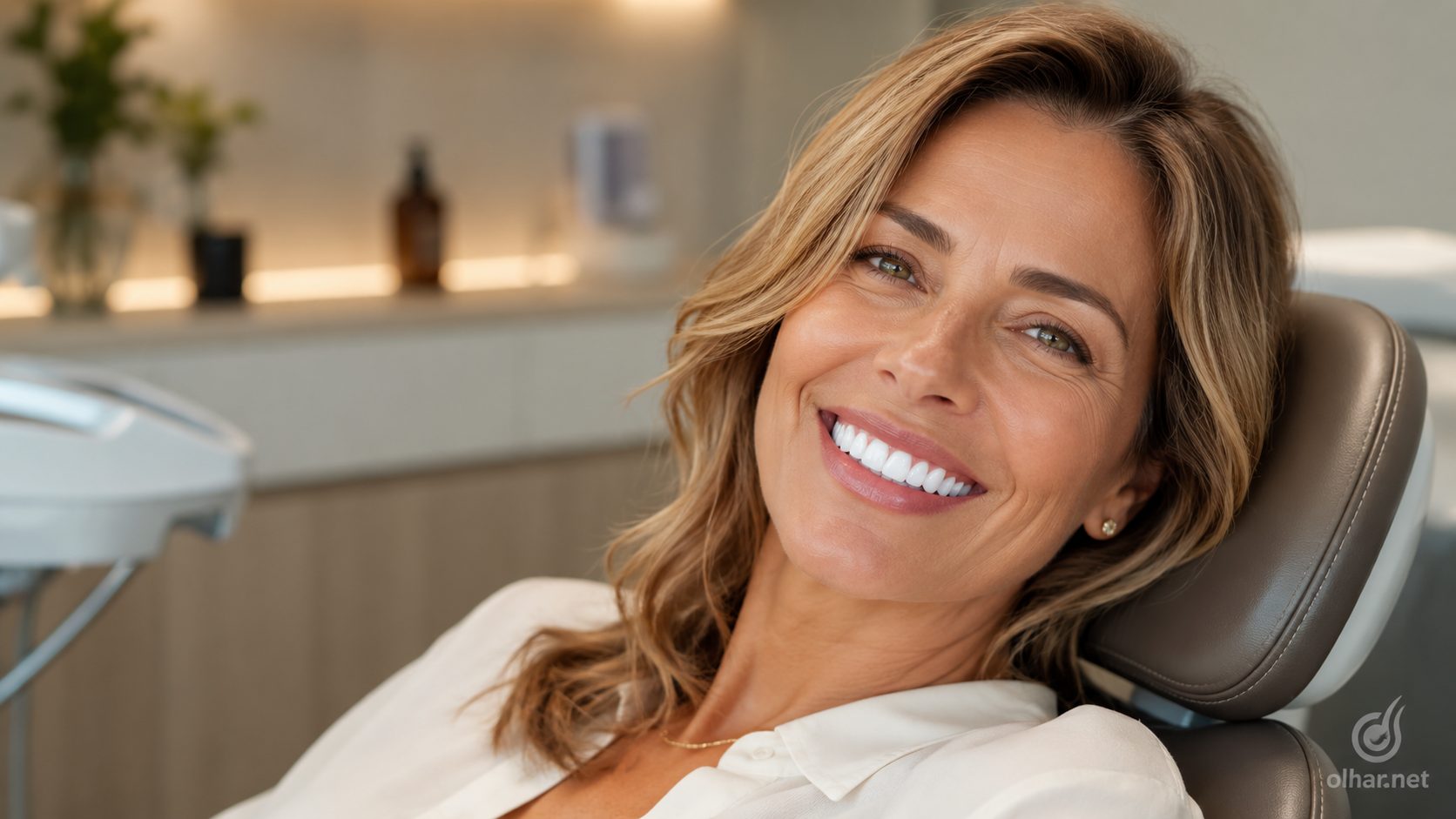 Mulher com sorriso harmonioso após cuidado estético dental.